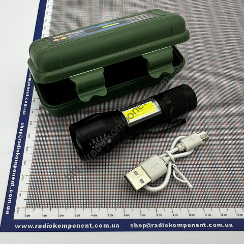 Tactical flashlight with USB charging, in a box (metallic black)