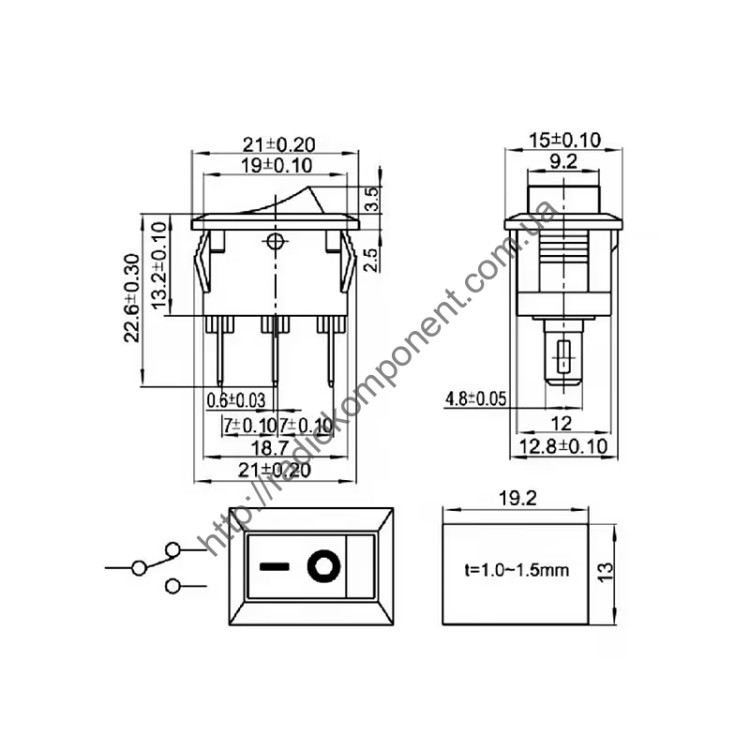 KCD1-102 3Pin 6A 250V Red Pushbutton Switch